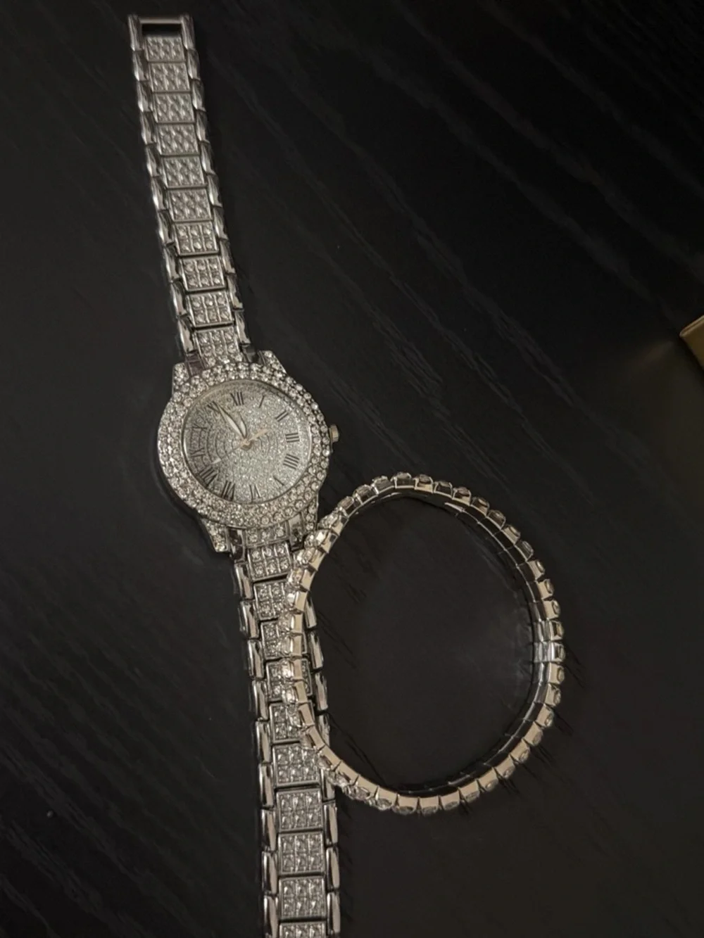 Silver Crystal-Embellished Women's Watch with Matching Bracelet
